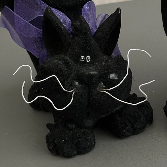 Set 2 Black Flocked Felt Whimsical Halloween Velvet Festive Cats Felines 9" Tall - Picture 5 of 5